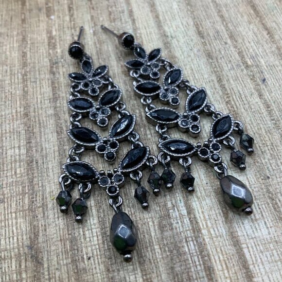 Monet Black Rhinestone Silver Tone Chandelier Beaded Stud Earrings - Picture 7 of 8